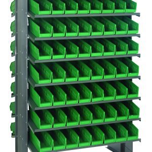 The Quantum Pick Rack is a double-sided, sloped shelving unit measuring 24L x 36W x 60H, with a sturdy industrial design and an 800 lbs. capacity. It includes 16 shelves and comes with 128 uniformly aligned and stackable Qsb101 green bins for organizing small items.