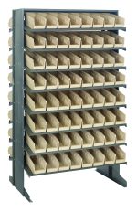 The Quantum Pick Rack features a double-sided design with 800 lbs. capacity, measuring 24L x 36W x 60H, and includes (16) shelves with (128) ivory Qsb101 bins for efficient storage.