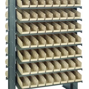 The Quantum Pick Rack features a double-sided design with 800 lbs. capacity, measuring 24L x 36W x 60H, and includes (16) shelves with (128) ivory Qsb101 bins for efficient storage.