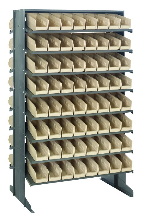 The Quantum Pick Rack features a double-sided design with 800 lbs. capacity, measuring 24L x 36W x 60H, and includes (16) shelves with (128) ivory Qsb101 bins for efficient storage.