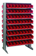 The Quantum Pick Rack is a sloped, double-sided metal shelving unit measuring 24L x 36W x 60H. It has an 800 lbs. capacity with a (16) shelf configuration and includes (128) QSB101 red bins for efficient storage and organization across seven rows.