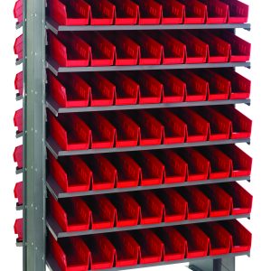 The Quantum Pick Rack is a sloped, double-sided metal shelving unit measuring 24L x 36W x 60H. It has an 800 lbs. capacity with a (16) shelf configuration and includes (128) QSB101 red bins for efficient storage and organization across seven rows.