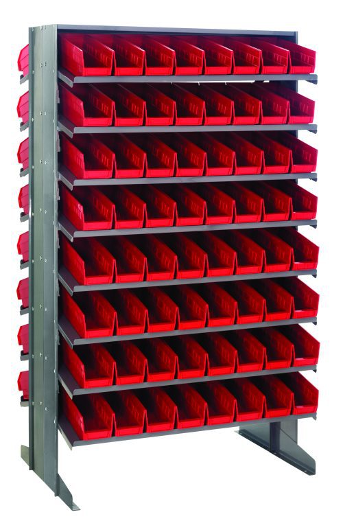 The Quantum Pick Rack is a sloped, double-sided metal shelving unit measuring 24L x 36W x 60H. It has an 800 lbs. capacity with a (16) shelf configuration and includes (128) QSB101 red bins for efficient storage and organization across seven rows.