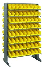The Quantum Pick Rack is a sloped, double-sided freestanding metal structure measuring 24L x 36W x 60H with an 800 lbs. capacity. It features a grid configuration using (16) shelves and includes (128) yellow Qsb101 bins for efficient small parts organization.