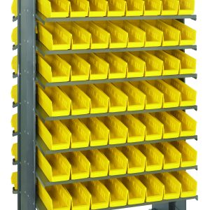 The Quantum Pick Rack is a sloped, double-sided freestanding metal structure measuring 24L x 36W x 60H with an 800 lbs. capacity. It features a grid configuration using (16) shelves and includes (128) yellow Qsb101 bins for efficient small parts organization.