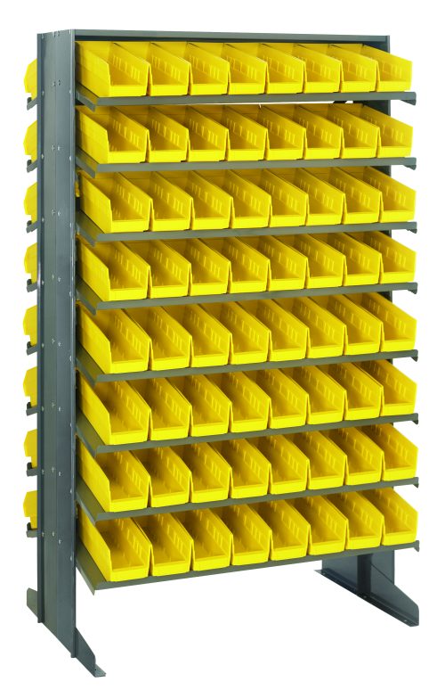 The Quantum Pick Rack is a sloped, double-sided freestanding metal structure measuring 24L x 36W x 60H with an 800 lbs. capacity. It features a grid configuration using (16) shelves and includes (128) yellow Qsb101 bins for efficient small parts organization.