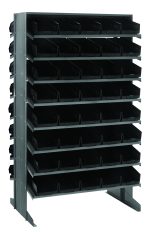 The Quantum Pick Rack is a slopped, double-sided metal storage unit with dimensions of 24L x 36W x 60H. It features 16 shelves and includes 80 QSB102 black bins, offering sturdy support and excellent small-item organization for workshops or industrial settings. Capacity: 800 lbs.