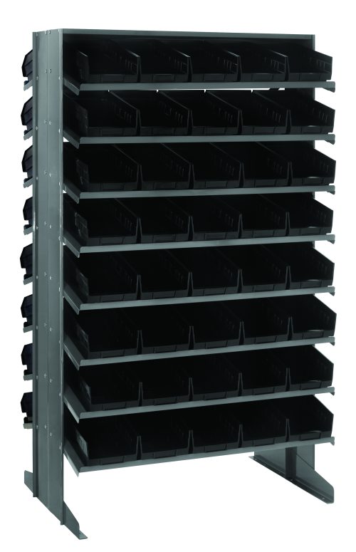 The Quantum Pick Rack is a slopped, double-sided metal storage unit with dimensions of 24L x 36W x 60H. It features 16 shelves and includes 80 QSB102 black bins, offering sturdy support and excellent small-item organization for workshops or industrial settings. Capacity: 800 lbs.
