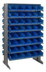 The Quantum Pick Rack is a double-sided unit measuring 24L x 36W x 60H, offering an 800 lbs. capacity with a sloped design for easy access. It features a configuration of 16 shelves and includes 80 QSB102 blue bins for robust storage solutions.
