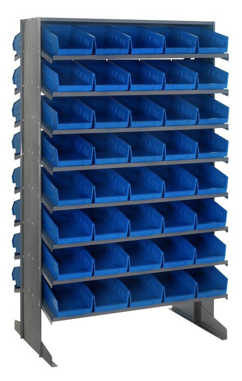 The Quantum Pick Rack is a double-sided unit measuring 24L x 36W x 60H, offering an 800 lbs. capacity with a sloped design for easy access. It features a configuration of 16 shelves and includes 80 QSB102 blue bins for robust storage solutions.