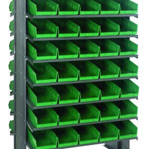 The Quantum Pick Rack, sloped and double-sided, measures 24L x 36W x 60H and supports up to 800 lbs. It features a robust metal system with 16 shelves and includes 80 Qsb102 green bins for organizing small parts or tools, offering open-faced access and visibility.