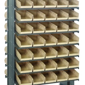 The Quantum Pick Rack, double-sided and sloped, measures 24L x 36W x 60H with an 800 lbs. capacity. It includes (16) shelves configured with (80) easily accessible ivory bins, optimal for organizing small parts or tools efficiently.