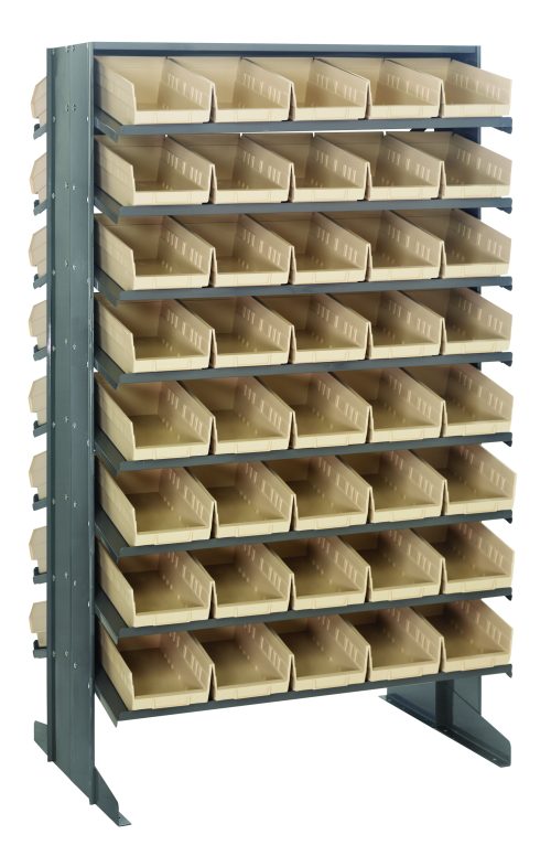 The Quantum Pick Rack, double-sided and sloped, measures 24L x 36W x 60H with an 800 lbs. capacity. It includes (16) shelves configured with (80) easily accessible ivory bins, optimal for organizing small parts or tools efficiently.