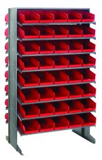 The Quantum Pick Rack is a freestanding double-sided unit measuring 24L x 36W x 60H, with a sloped design and 16 shelves. It includes 80 QSB102 red bins, can hold up to 800 lbs, and efficiently organizes small items or tools.