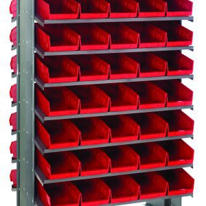 The Quantum Pick Rack is a freestanding double-sided unit measuring 24L x 36W x 60H, with a sloped design and 16 shelves. It includes 80 QSB102 red bins, can hold up to 800 lbs, and efficiently organizes small items or tools.