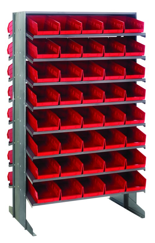 The Quantum Pick Rack is a freestanding double-sided unit measuring 24L x 36W x 60H, with a sloped design and 16 shelves. It includes 80 QSB102 red bins, can hold up to 800 lbs, and efficiently organizes small items or tools.