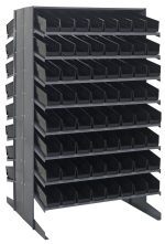 The Quantum Pick Rack is a metal, double-sided unit measuring 36L x 36W x 60H, featuring 16 shelves with reinforced sides. It holds up to 800 lbs and includes 128 QSB103 black bins mounted at a sloped angle, perfect for organizing small items in industrial or workshop settings.