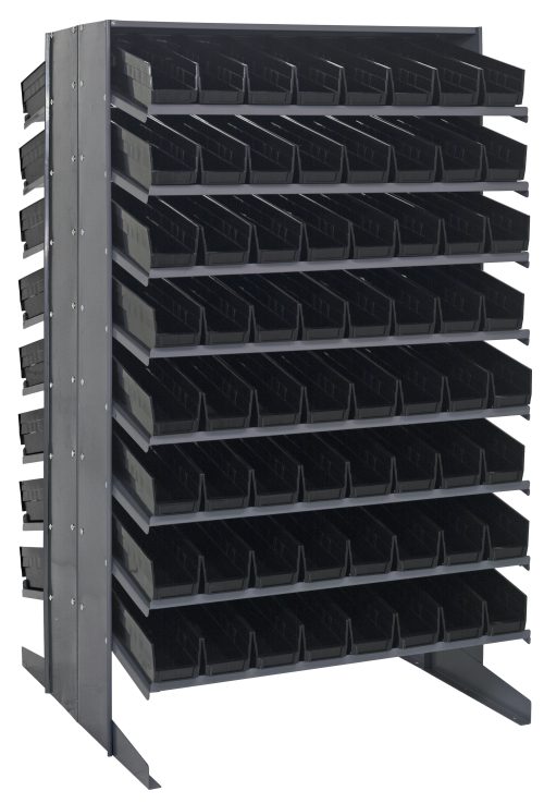 rac 2 The Quantum Pick Rack is a metal, double-sided unit measuring 36L x 36W x 60H, featuring 16 shelves with reinforced sides. It holds up to 800 lbs and includes 128 QSB103 black bins mounted at a sloped angle, perfect for organizing small items in industrial or workshop settings.