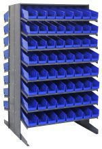 The Quantum Pick Rack is a double-sided shelving unit measuring 36L x 36W x 60H with a sturdy capacity of 800 lbs. It features 16 shelves designed to hold 128 uniformly-sized QSB103 blue bins, each sloped slightly forward for easy access, ideal for organizing small items.