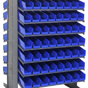 The Quantum Pick Rack is a double-sided shelving unit measuring 36L x 36W x 60H with a sturdy capacity of 800 lbs. It features 16 shelves designed to hold 128 uniformly-sized QSB103 blue bins, each sloped slightly forward for easy access, ideal for organizing small items.