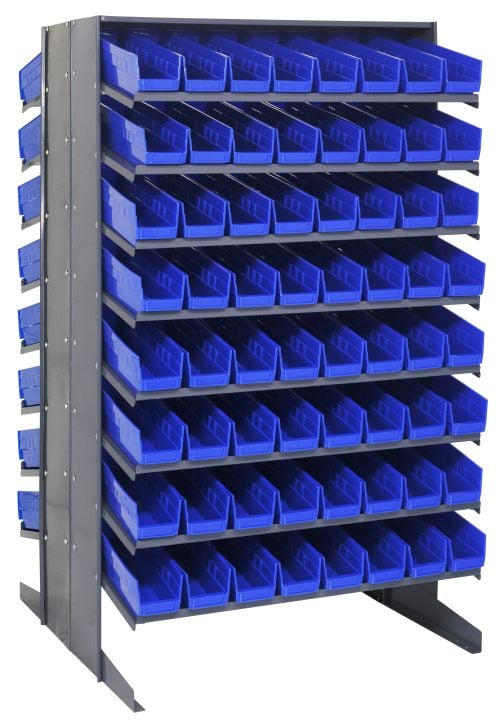 The Quantum Pick Rack is a double-sided shelving unit measuring 36L x 36W x 60H with a sturdy capacity of 800 lbs. It features 16 shelves designed to hold 128 uniformly-sized QSB103 blue bins, each sloped slightly forward for easy access, ideal for organizing small items.
