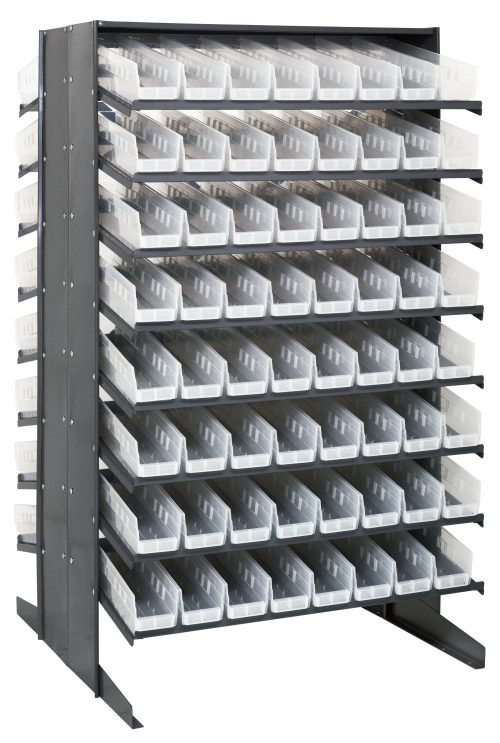 The Quantum Pick Rack features a sloped, double-sided 16-shelf design with reinforced metal frames and 128 Qsb103 clear bins for easy organization. Measuring 36L x 36W x 60H, it offers an open-front for easy access and supports up to 800 lbs.