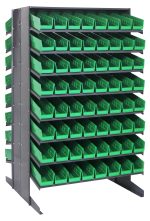 The Quantum Pick Rack is a double-sided, sloped shelving unit, 36L x 36W x 60H, with an 800 lbs capacity. It features a freestanding design with 16 shelves and includes 128 QSB103 green bins, ideal for organizing small parts or tools.