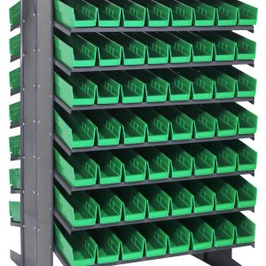 The Quantum Pick Rack is a double-sided, sloped shelving unit, 36L x 36W x 60H, with an 800 lbs capacity. It features a freestanding design with 16 shelves and includes 128 QSB103 green bins, ideal for organizing small parts or tools.