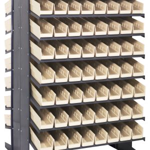 The Quantum Double-Sided Sloped Pick Rack features a 16-shelf setup with 128 ivory bins for small parts. It has a black frame, sturdy legs, measures 36L x 36W x 60H, and supports up to 800 lbs.