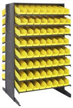 The Quantum Pick Rack is a robust, double-sided storage solution with a sloped design measuring 36L x 36W x 60H. It features (16) shelves and comes with (128) Qsb103 yellow bins, offering organized storage visible from all sides and an impressive capacity of 800 lbs.