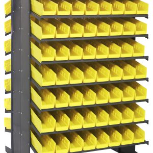 The Quantum Pick Rack is a robust, double-sided storage solution with a sloped design measuring 36L x 36W x 60H. It features (16) shelves and comes with (128) Qsb103 yellow bins, offering organized storage visible from all sides and an impressive capacity of 800 lbs.