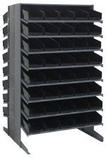 The Quantum Pick Rack is a sloped, double-sided metal shelving unit measuring 36L x 36W x 60H. It features a configuration of 16 shelves and includes 80 QSB104 black bins, with a robust capacity of up to 800 lbs., ideal for organizing small parts.