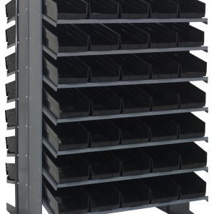 The Quantum Pick Rack is a sloped, double-sided metal shelving unit measuring 36L x 36W x 60H. It features a configuration of 16 shelves and includes 80 QSB104 black bins, with a robust capacity of up to 800 lbs., ideal for organizing small parts.