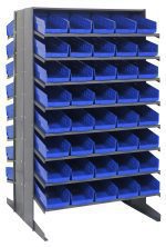 The Quantum Pick Rack features a sloped, freestanding double-sided metal unit, measuring 36L x 36W x 60H. It has a 16-shelf configuration that supports an efficient organization with its 800 lbs capacity and includes 80 QSB104 blue plastic bins for easy access to small items.
