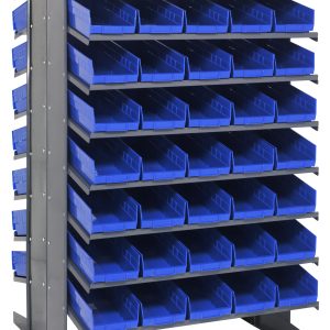The Quantum Pick Rack features a sloped, freestanding double-sided metal unit, measuring 36L x 36W x 60H. It has a 16-shelf configuration that supports an efficient organization with its 800 lbs capacity and includes 80 QSB104 blue plastic bins for easy access to small items.