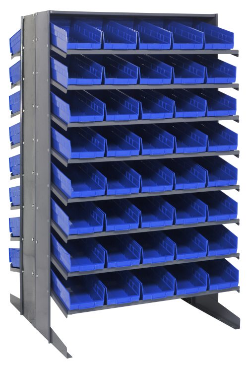 The Quantum Pick Rack features a sloped, freestanding double-sided metal unit, measuring 36L x 36W x 60H. It has a 16-shelf configuration that supports an efficient organization with its 800 lbs capacity and includes 80 QSB104 blue plastic bins for easy access to small items.