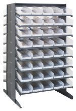 The Quantum Pick Rack, Sloped and Double-Sided with 36L x 36W x 60H dimensions, has a capacity of 800 lbs. It features a (16) shelf configuration and includes (80) clear Qsb104 bins, ideal for efficiently organizing small items or tools.