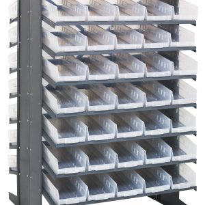 The Quantum Pick Rack, Sloped and Double-Sided with 36L x 36W x 60H dimensions, has a capacity of 800 lbs. It features a (16) shelf configuration and includes (80) clear Qsb104 bins, ideal for efficiently organizing small items or tools.