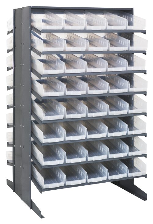 The Quantum Pick Rack, Sloped and Double-Sided with 36L x 36W x 60H dimensions, has a capacity of 800 lbs. It features a (16) shelf configuration and includes (80) clear Qsb104 bins, ideal for efficiently organizing small items or tools.