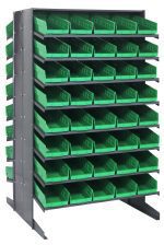 The Quantum Pick Rack is a slopped, double-sided unit with an 800 lbs. capacity. It measures 36L x 36W x 60H and features a configuration of 16 shelves with open tops for easy access, complete with 80 QSB104 green bins for efficient tool or small parts organization.