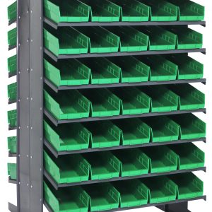 The Quantum Pick Rack is a slopped, double-sided unit with an 800 lbs. capacity. It measures 36L x 36W x 60H and features a configuration of 16 shelves with open tops for easy access, complete with 80 QSB104 green bins for efficient tool or small parts organization.