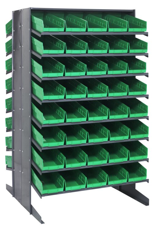 The Quantum Pick Rack is a slopped, double-sided unit with an 800 lbs. capacity. It measures 36L x 36W x 60H and features a configuration of 16 shelves with open tops for easy access, complete with 80 QSB104 green bins for efficient tool or small parts organization.