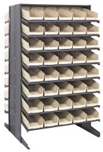 The Quantum Pick Rack is sloped, double-sided, and features a 36L x 36W x 60H design. It includes 80 open-front ivory bins on its 16 shelves for easy access and supports up to an impressive 800 lbs.