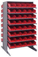 The Quantum Pick Rack is a double-sided, sloped unit with 16 shelves and 80 red Qsb104 bins for organizing small parts or tools. Measuring 36L x 36W x 60H, this robust metal rack supports up to 800 lbs., offering an industrial look with neatly arranged bins in rows and columns.