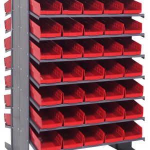 The Quantum Pick Rack is a double-sided, sloped unit with 16 shelves and 80 red Qsb104 bins for organizing small parts or tools. Measuring 36L x 36W x 60H, this robust metal rack supports up to 800 lbs., offering an industrial look with neatly arranged bins in rows and columns.