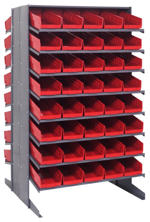 The Quantum Pick Rack is a double-sided, sloped unit with 16 shelves and 80 red Qsb104 bins for organizing small parts or tools. Measuring 36L x 36W x 60H, this robust metal rack supports up to 800 lbs., offering an industrial look with neatly arranged bins in rows and columns.