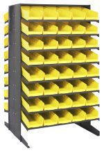 Introducing the Quantum Pick Rack, a freestanding shelving unit featuring a double-sided black metal frame with 16 shelves and 80 bright yellow QSB104 open-front bins, each sloped for easy access. It measures 36L x 36W x 60H and supports up to 800 lbs., perfect for organizing small parts and tools.