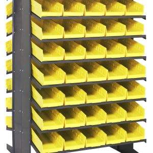 Introducing the Quantum Pick Rack, a freestanding shelving unit featuring a double-sided black metal frame with 16 shelves and 80 bright yellow QSB104 open-front bins, each sloped for easy access. It measures 36L x 36W x 60H and supports up to 800 lbs., perfect for organizing small parts and tools.