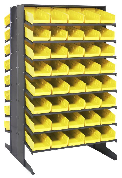 Introducing the Quantum Pick Rack, a freestanding shelving unit featuring a double-sided black metal frame with 16 shelves and 80 bright yellow QSB104 open-front bins, each sloped for easy access. It measures 36L x 36W x 60H and supports up to 800 lbs., perfect for organizing small parts and tools.