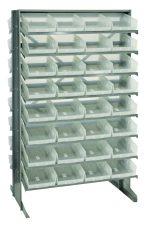 The Quantum Pick Rack is a slopped, double-sided metal storage solution with an 800 lbs. capacity and compact dimensions of 24L x 36W x 60H. It features (16) shelves and comes with (64) Qsb107 clear bins, ideal for efficiently organizing small items.